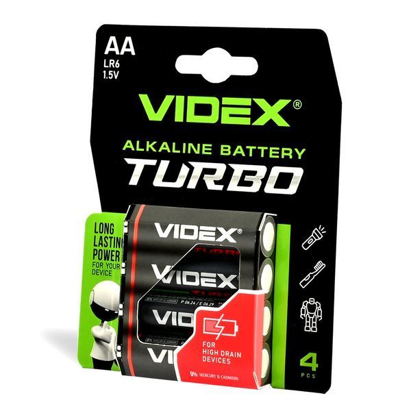 Батарейки щелочные для мощных устройств Videx Alkaline LR6/AA Turbo блистер 4 штуки (📌 01958s | 1230 Б2П28) фото