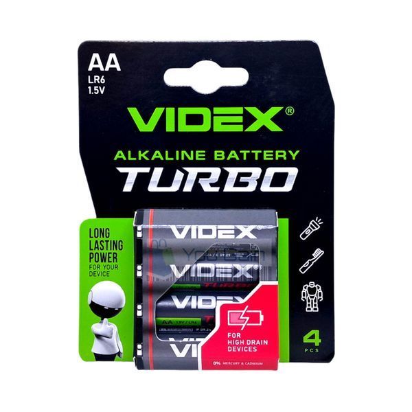 Батарейки щелочные для мощных устройств Videx Alkaline LR6/AA Turbo блистер 4 штуки (📌 01958s | 1230 Б2П28) фото