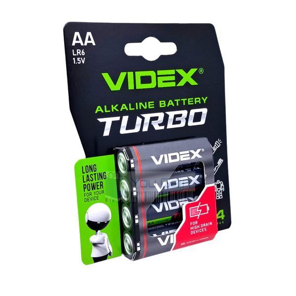 Батарейки щелочные для мощных устройств Videx Alkaline LR6/AA Turbo блистер 4 штуки (📌 01958s | 1230 Б2П28) фото