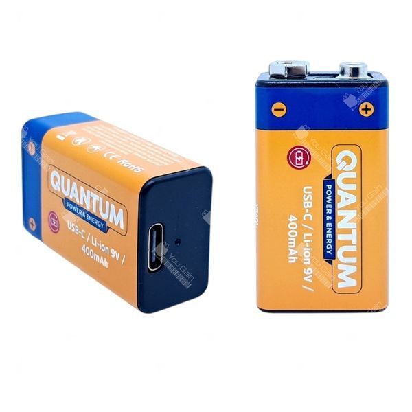 Акумулятор Li-Ion 9В "КРОНА" 400мАч Quantum з можливістю заряджання від USB (Type-C) (📌 01911s | Б1Я46) фото
