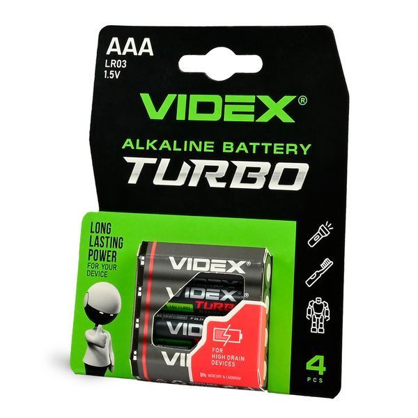 Батарейки щелочные для мощных устройств Videx Alkaline LR03/AAA Turbo блистер 4 штуки (📌 01857s | 0829 Б2Я15) фото