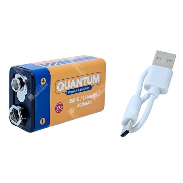 Акумулятор Li-Ion 9В "КРОНА" 400мАч Quantum з можливістю заряджання від USB (Type-C) (📌 01911s | Б1Я46) фото
