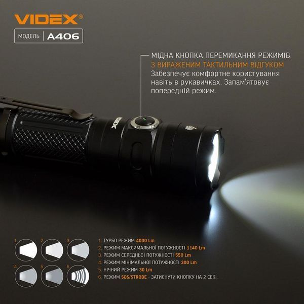 Портативный светодиодный фонарик (+аккумулятор 4000мАг) VIDEX VLF-A406 4000Lm 6500K (📌 02302s |) фото